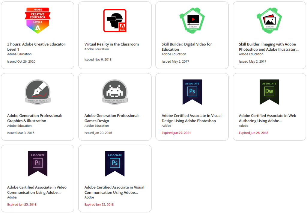 Various Adobe Education course badges